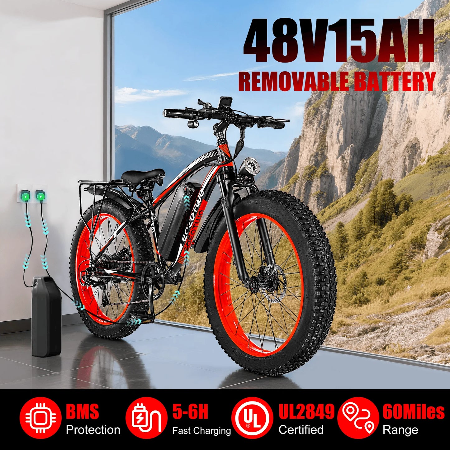 Electric Bike for Adults 1500W Peak Motor 34MPH Fast Speed 48V 15Ah Battery 26" Fat Tire Mountain Ebike 390lbs Max Load Aluminum