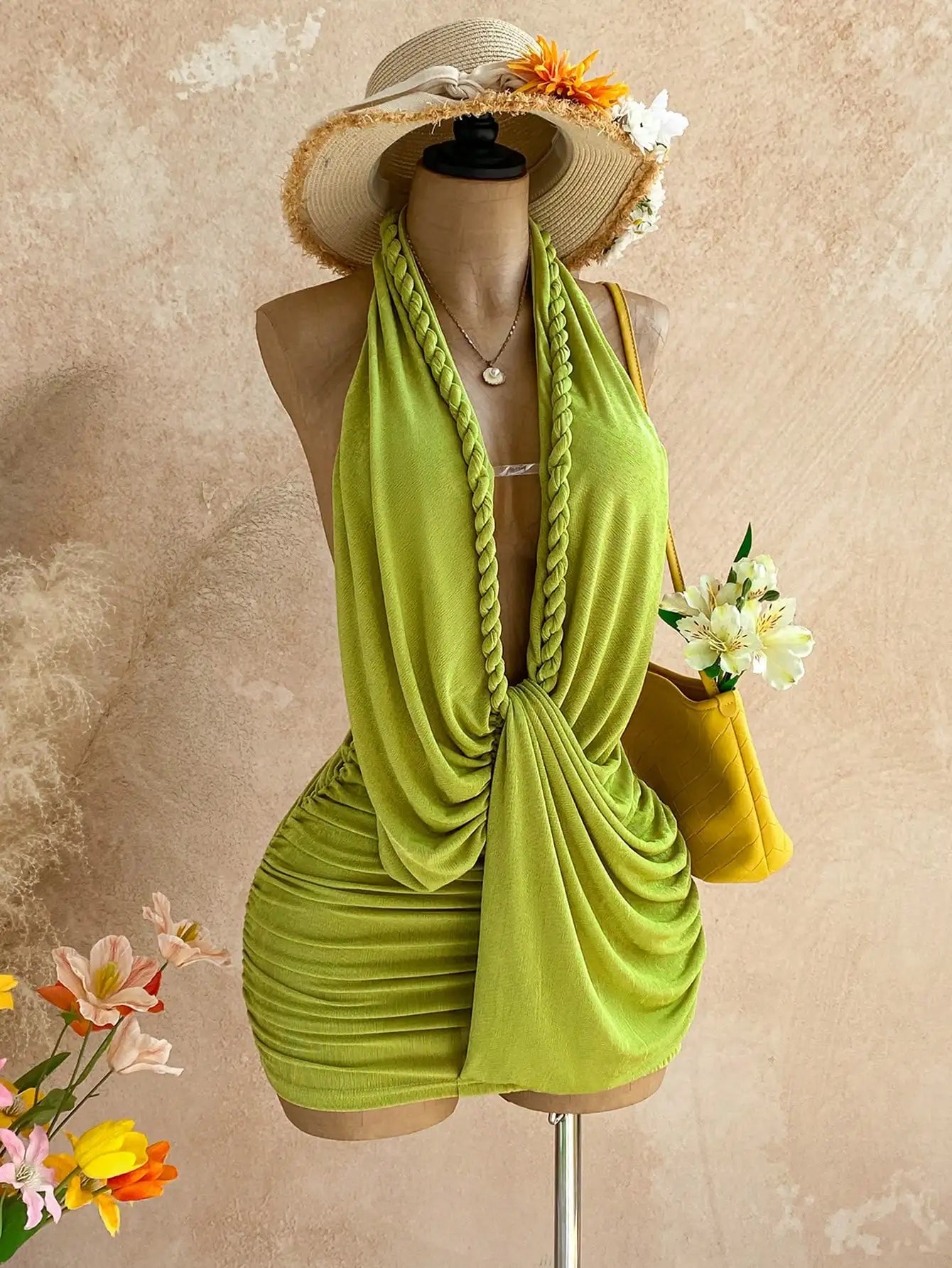 Women Solid Color Backless Halter Mini Dress For Vacation Beach Summer