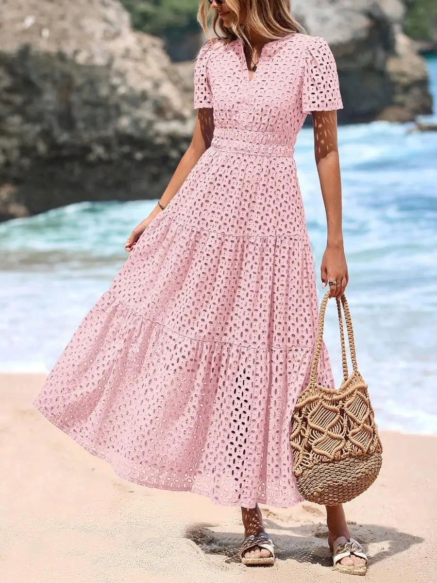 Women's Blue Eyelet Maxi Dress with V-Neck, Short Sleeves, A-Line Flowy Skirt