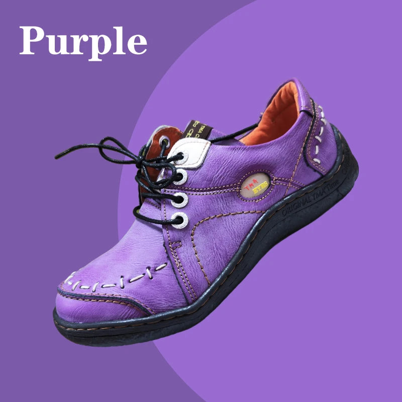 TMA EYES Women's Hand-Stitched Leather Sneakers Lightweight Flat Design Shoes Comfortable Breathable Upper Leather Sole