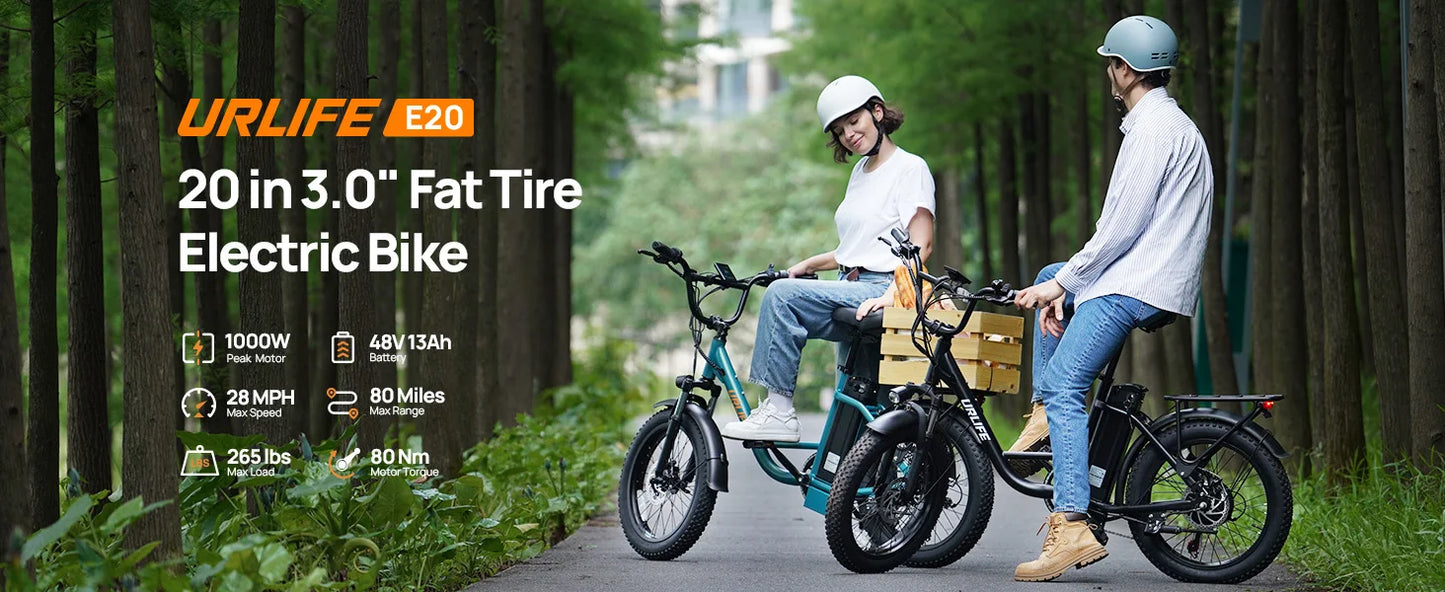 URLIFE 1000W E20 Electric Bike | 48V 13Ah Removable Battery, 20MPH, 20''X3" Fat Tire, 7-Speed E-Bike with Dual Disc Brake