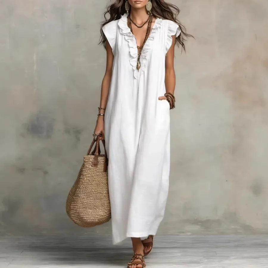 European and American solid color sleeveless v-neck holiday dress women's - 2026 spring and summer pocket ruffled temperament d