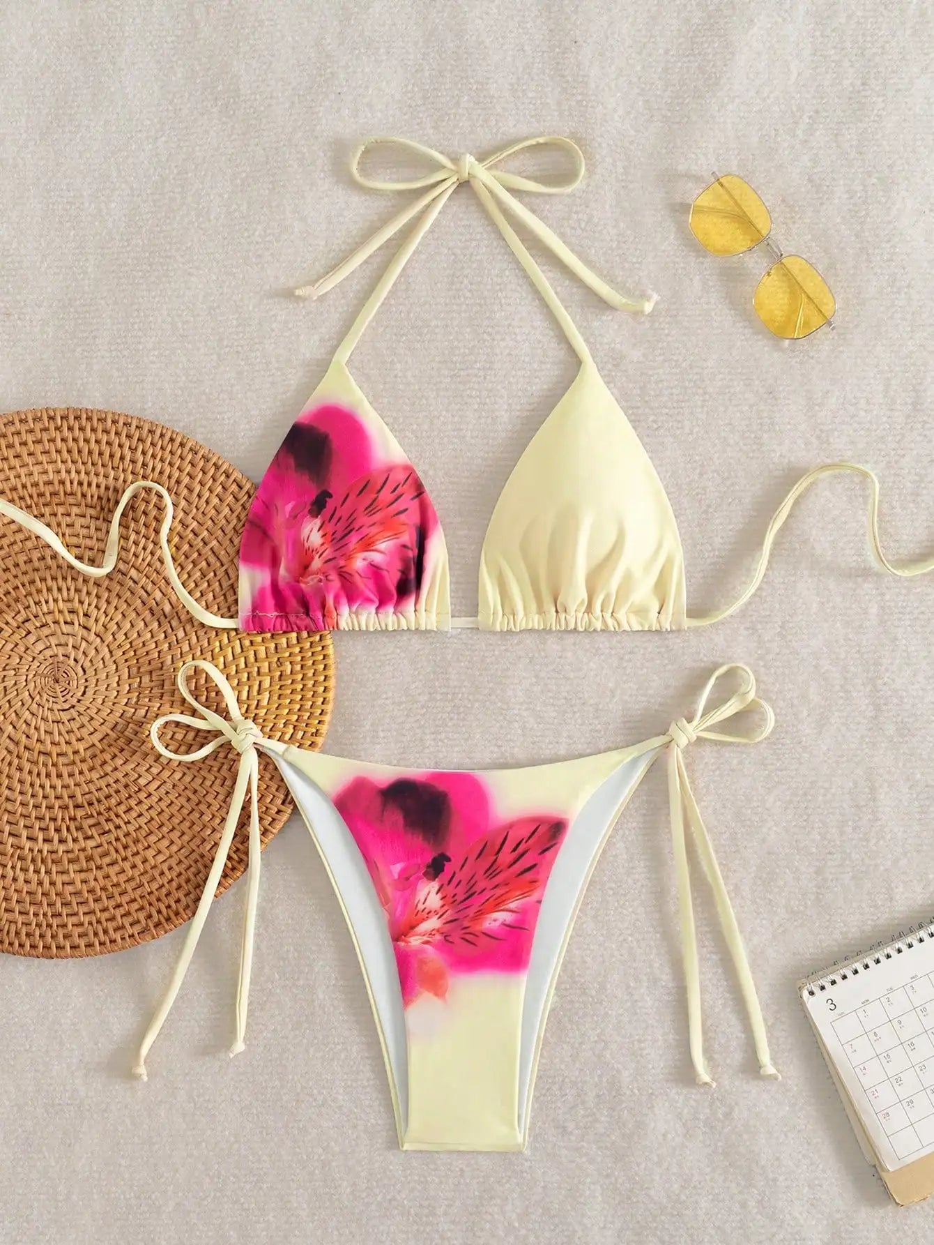 Women's Floral Print Bikini Set with Tie-Up Triangle Top & Side-Tie Bottom, Summer Beachwear