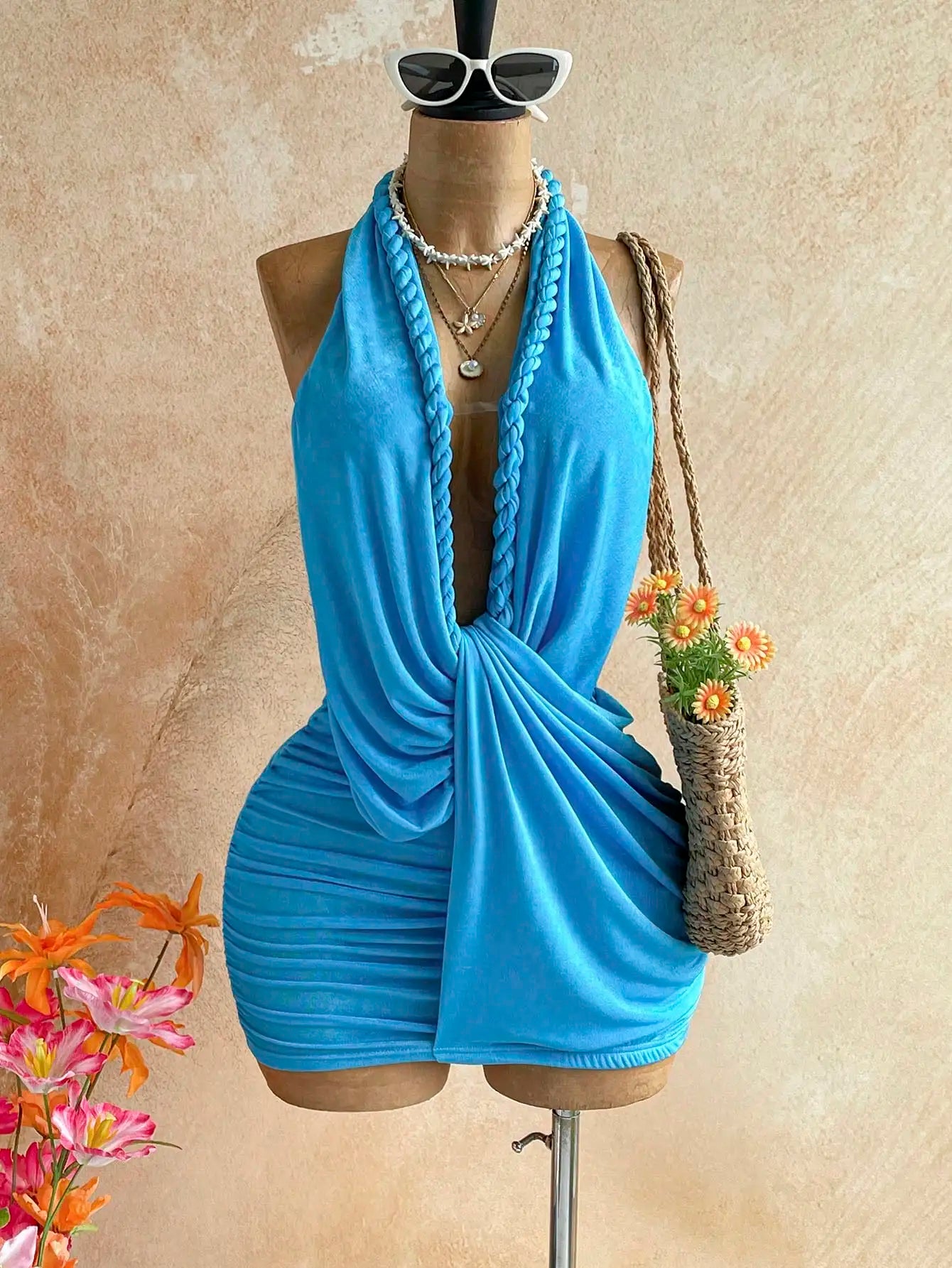 Women Solid Color Backless Halter Mini Dress For Vacation Beach Summer