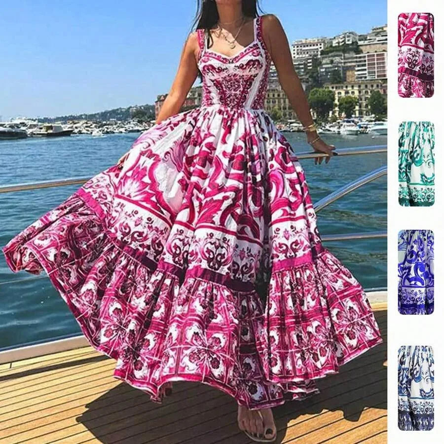 【New style】2026 Spring New Women's Clothing: Printed Pleated Waist-Cinching Ruffle Hem Long Dress