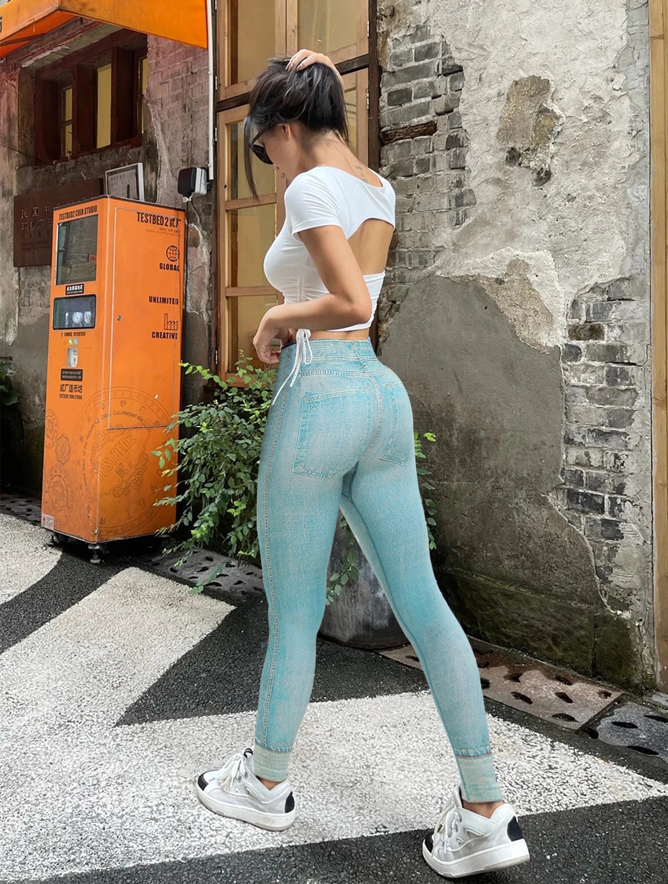 3PCS Women Imitating Denim  High-Waist Legging Flat Fashionable Tight Pants Elastic Fitness And Yoga Pants Sexy Pencil Pants