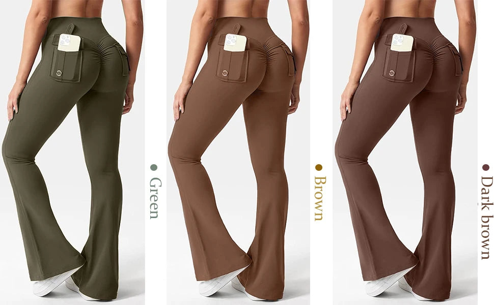 Women's Yoga Flare Trousers, High-Waisted Tummy-Control Wide-Leg Trousers Outdoor Casual Leggings with Pockets, Gym Workout Trou