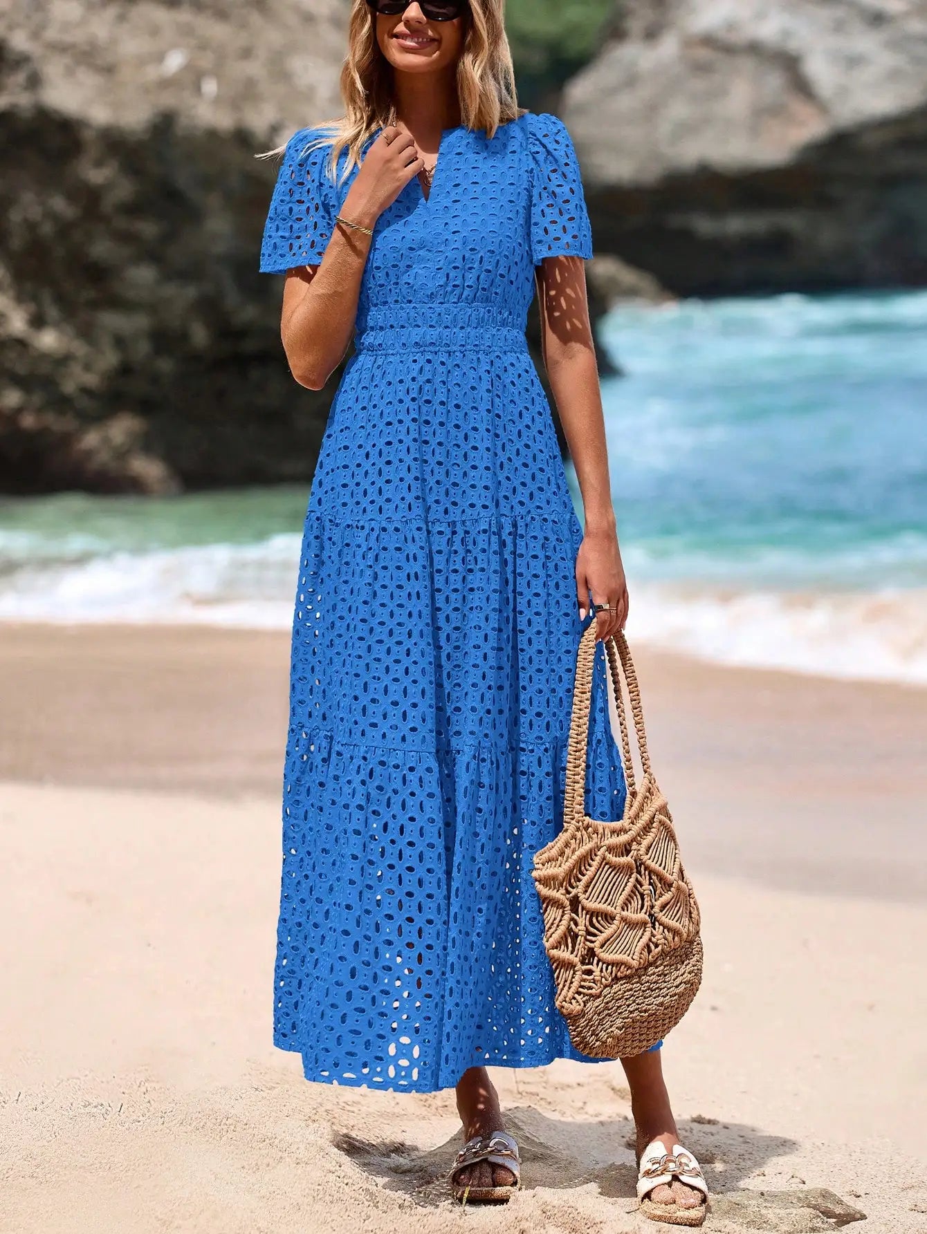 Women's Blue Eyelet Maxi Dress with V-Neck, Short Sleeves, A-Line Flowy Skirt