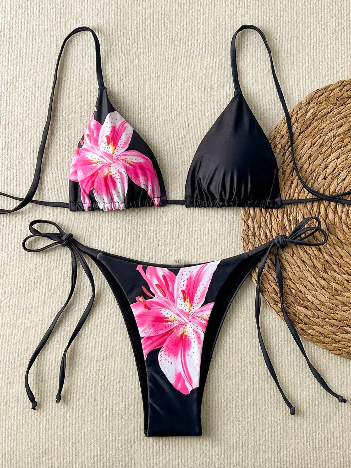 Women's Floral Print Bikini Set with Tie-Up Triangle Top & Side-Tie Bottom, Summer Beachwear