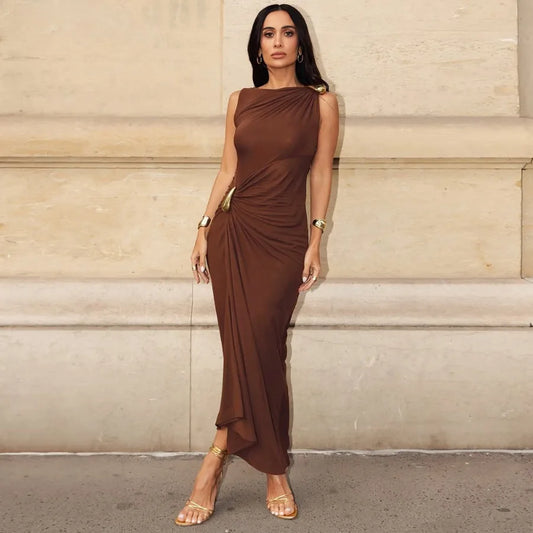【New style】New European and American - women's clothing fashionable sexy slim metal decoration bag hip pleated sleeveless dress