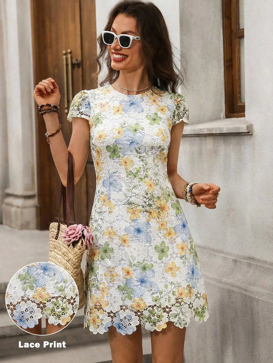 Women's Floral Lace Hollow Out Short Dress Summer Elegant Mini Dress