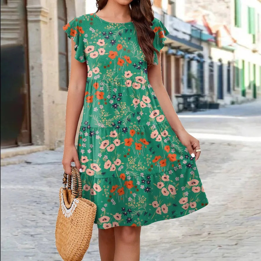 【New style】2026  European and American   - spring and summer hot printed cake flying sleeve casual dress for women