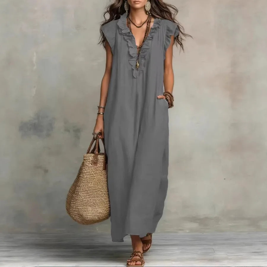 European and American solid color sleeveless v-neck holiday dress women's - 2026 spring and summer pocket ruffled temperament d