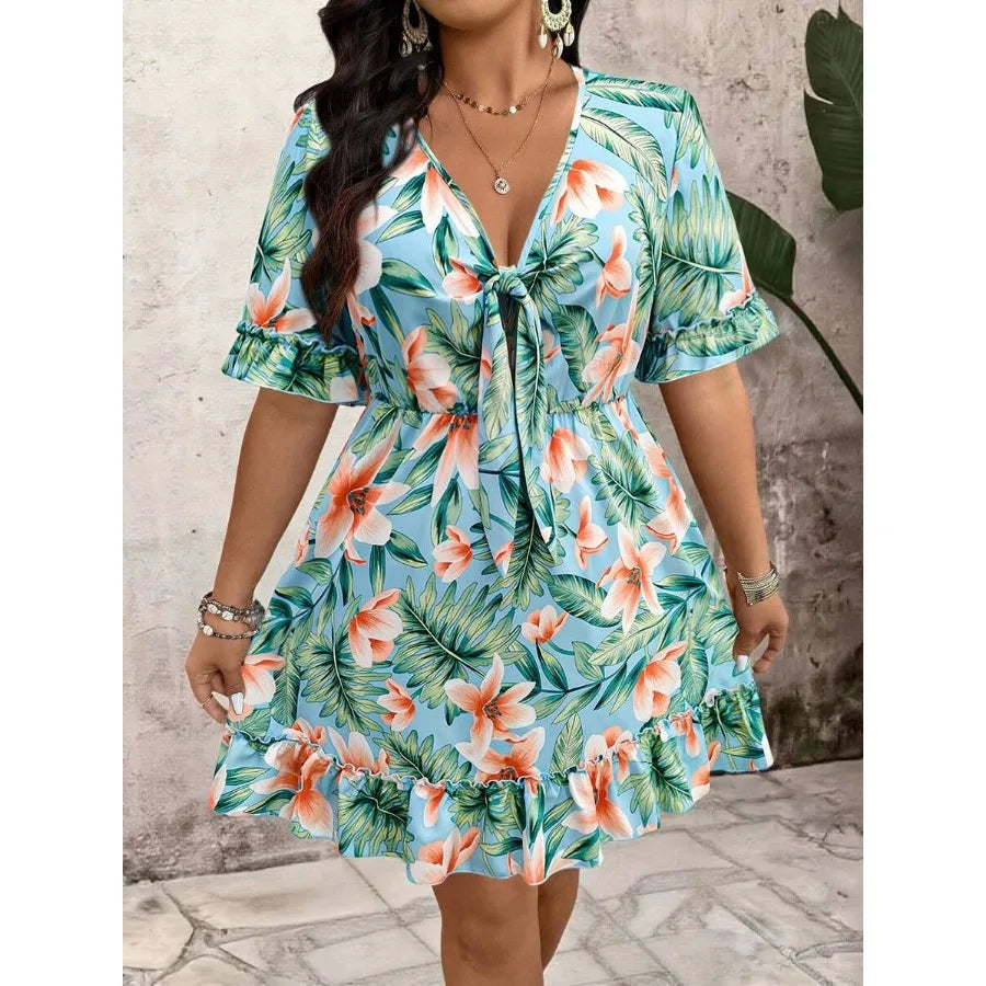 【New style】Breezaya Plus Size Women Tropical Plant Print Tie Front Short Sleeve Casual Dress