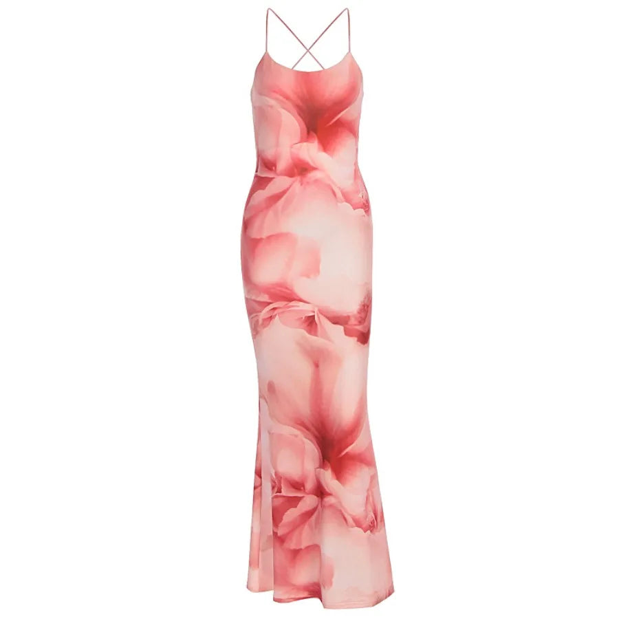 【HOT】European and American style summer new women's style temperament sexy print backless slim waist bag hip dress