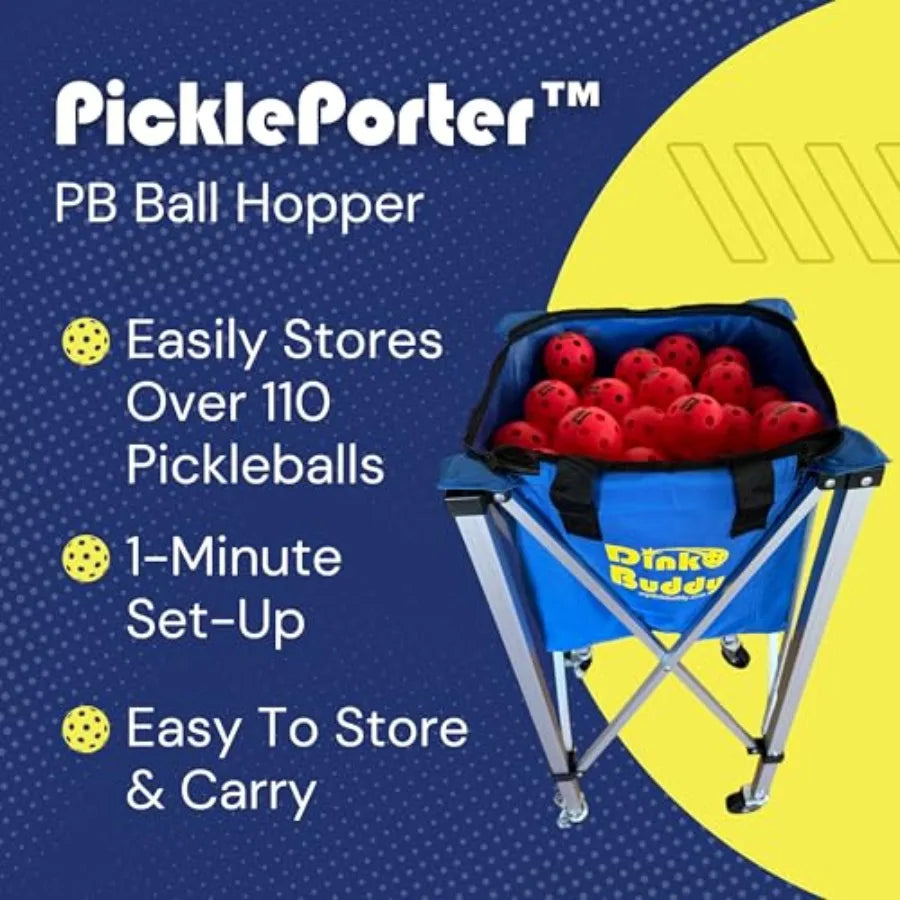 Pickleball Hopper with Wheels Portable Ball Caddy Pickleball Basket Holds 110 Balls Durable Polyester Red Lightweight Easy to T