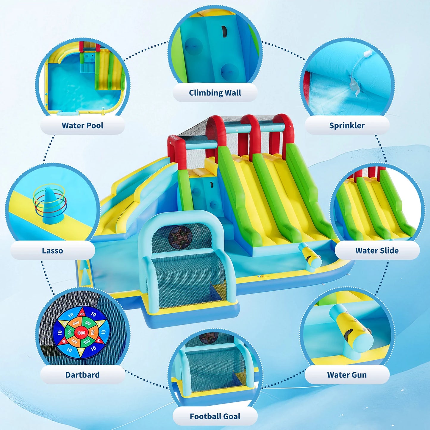 Inflatable Bounce House 3 Water Slides Oxford Fabric Bouncy Castle Kids Play Center with Blower for Indoor Outdoor Backyard Fun