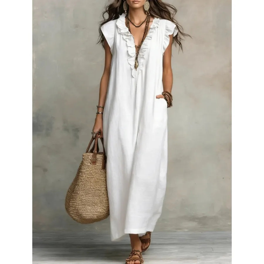 European and American solid color sleeveless v-neck holiday dress women's - 2026 spring and summer pocket ruffled temperament d
