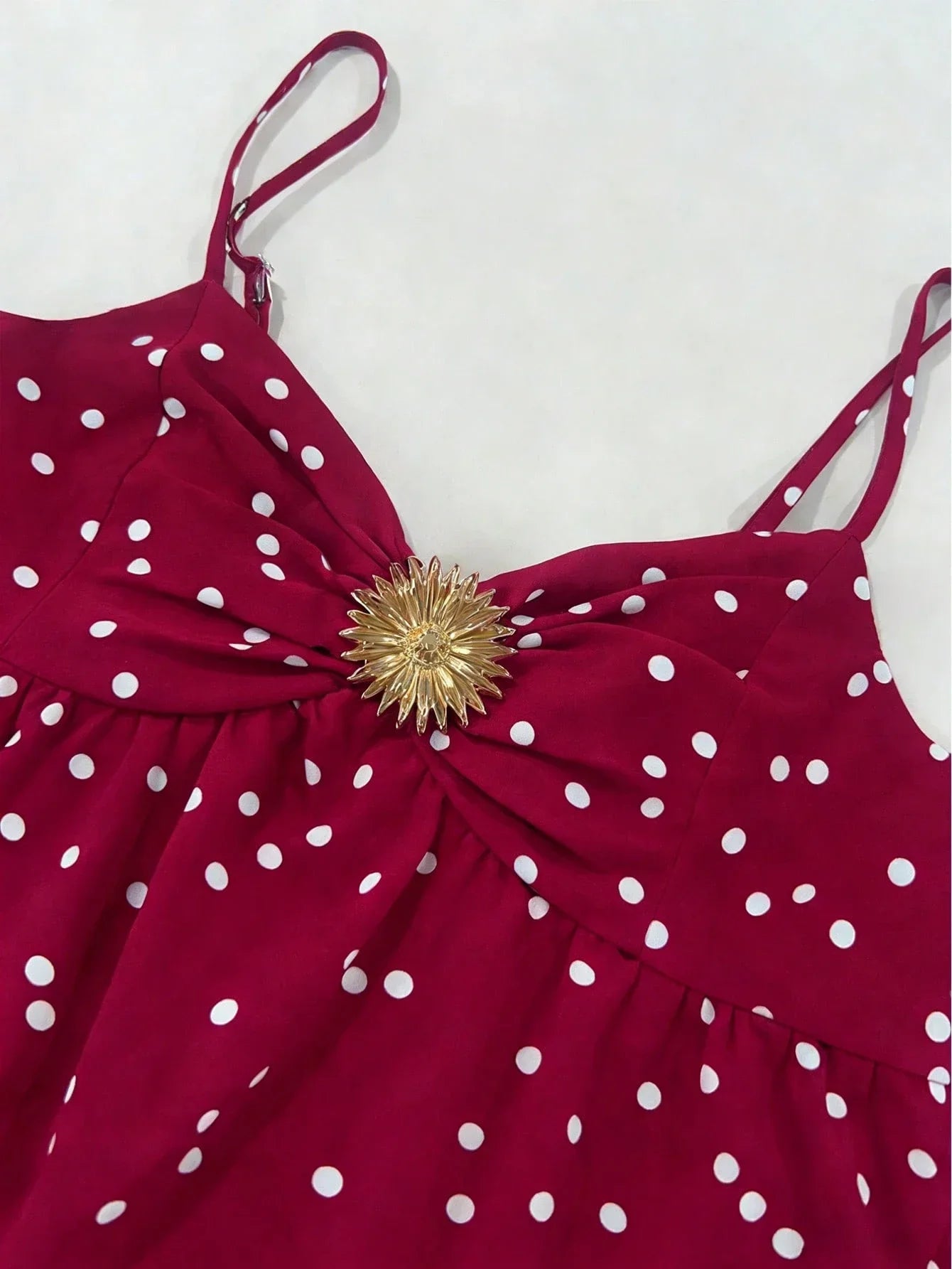 Sleeveless V-Neck Polka Dot Mini Dress With Ruched Bust, Gold Sunflower Brooch, Tiered Bubble Hem For Beach Date Festival