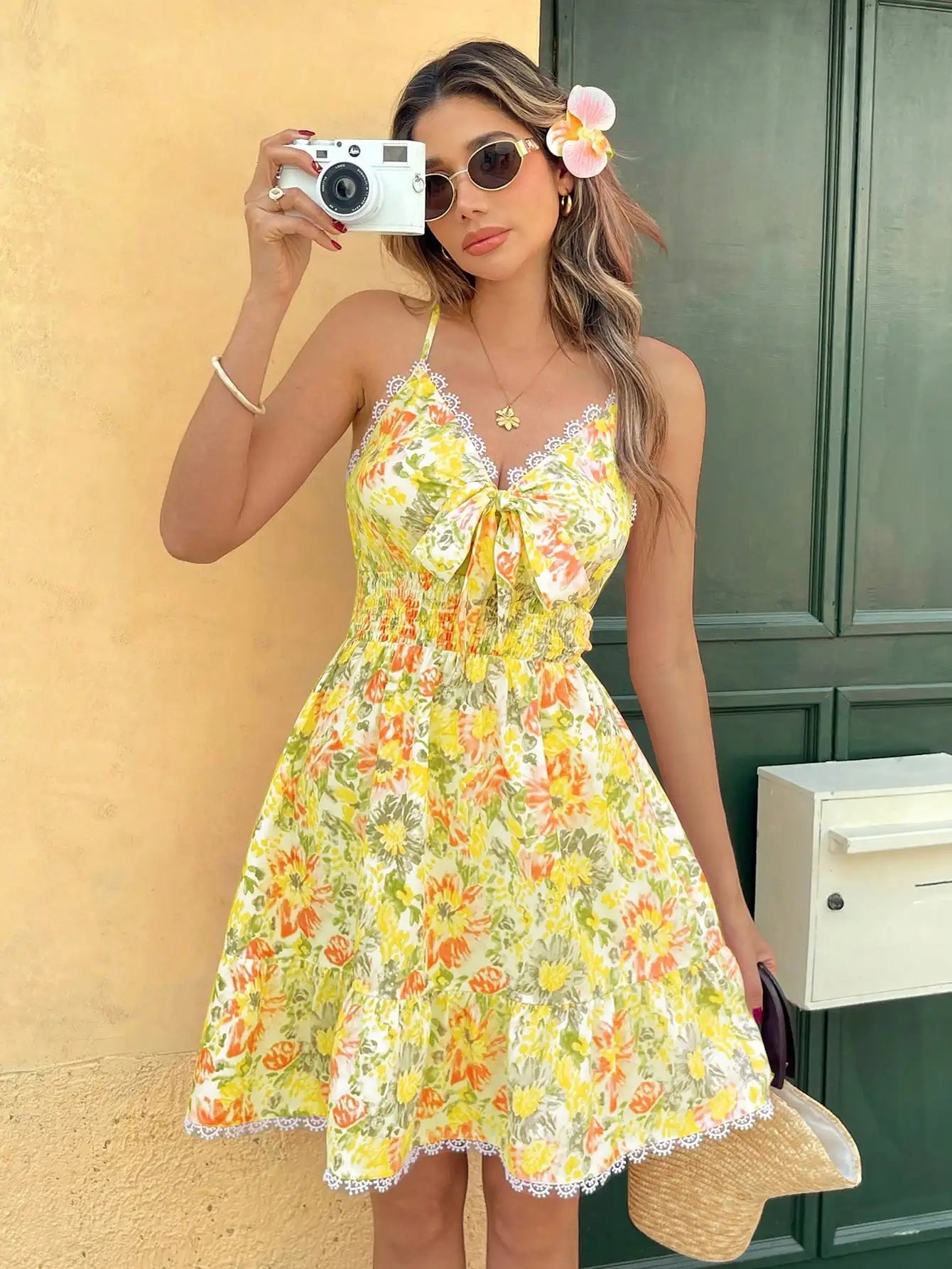 Casual Ditsy Floral Spaghetti Strap Mini Dress For Summer Vacation Beach Boho