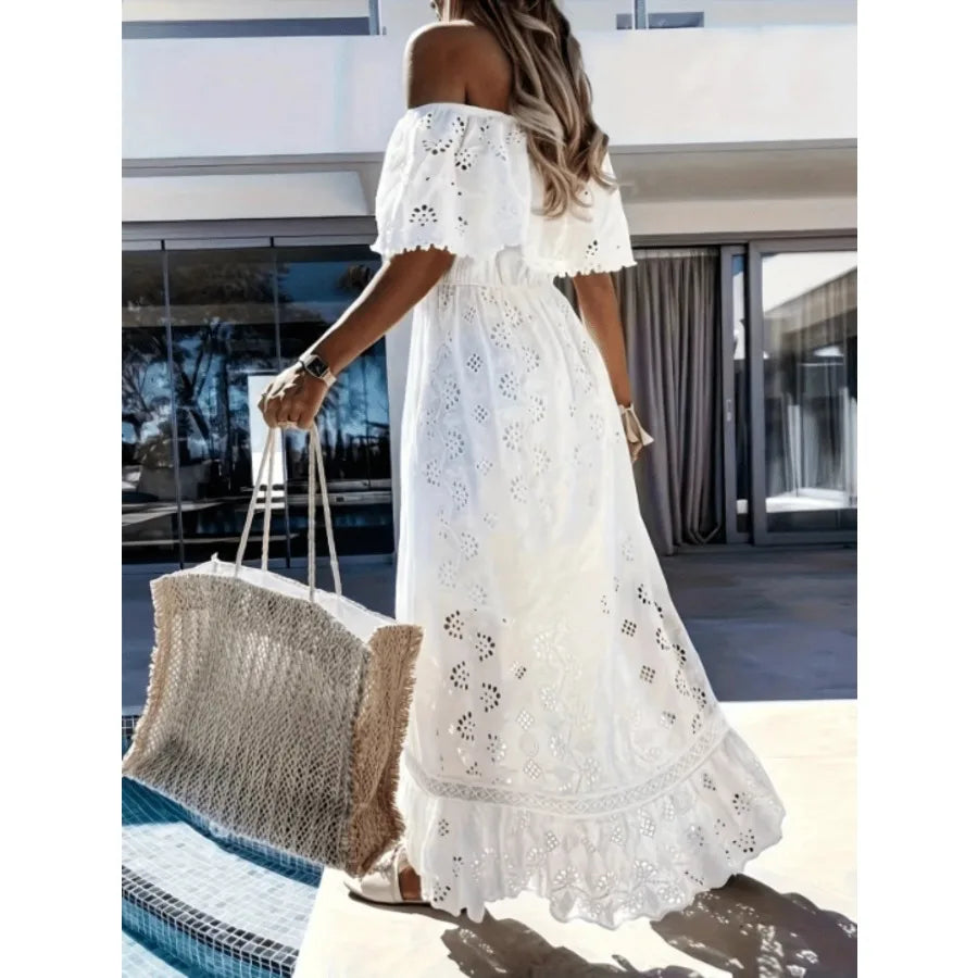 【New style】Summer Dress White Eyelet Embroidery Off Shoulder Waist Flowy Maxi Dress Fresh Vacation Style