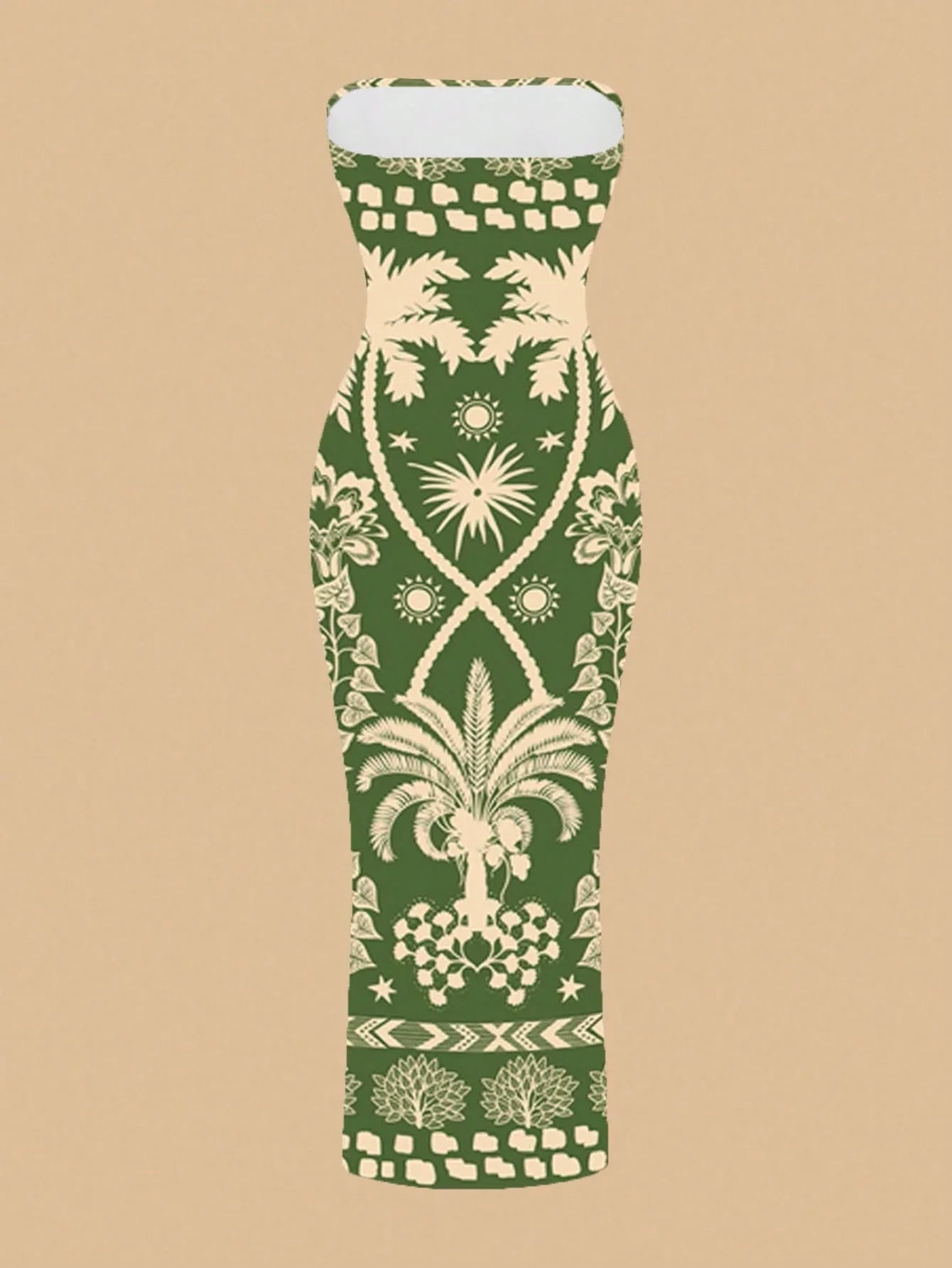 Sexy Retro Bohemian Green Tropical Print Strapless Bodycon Midi Dress For Vacation Beach Resort