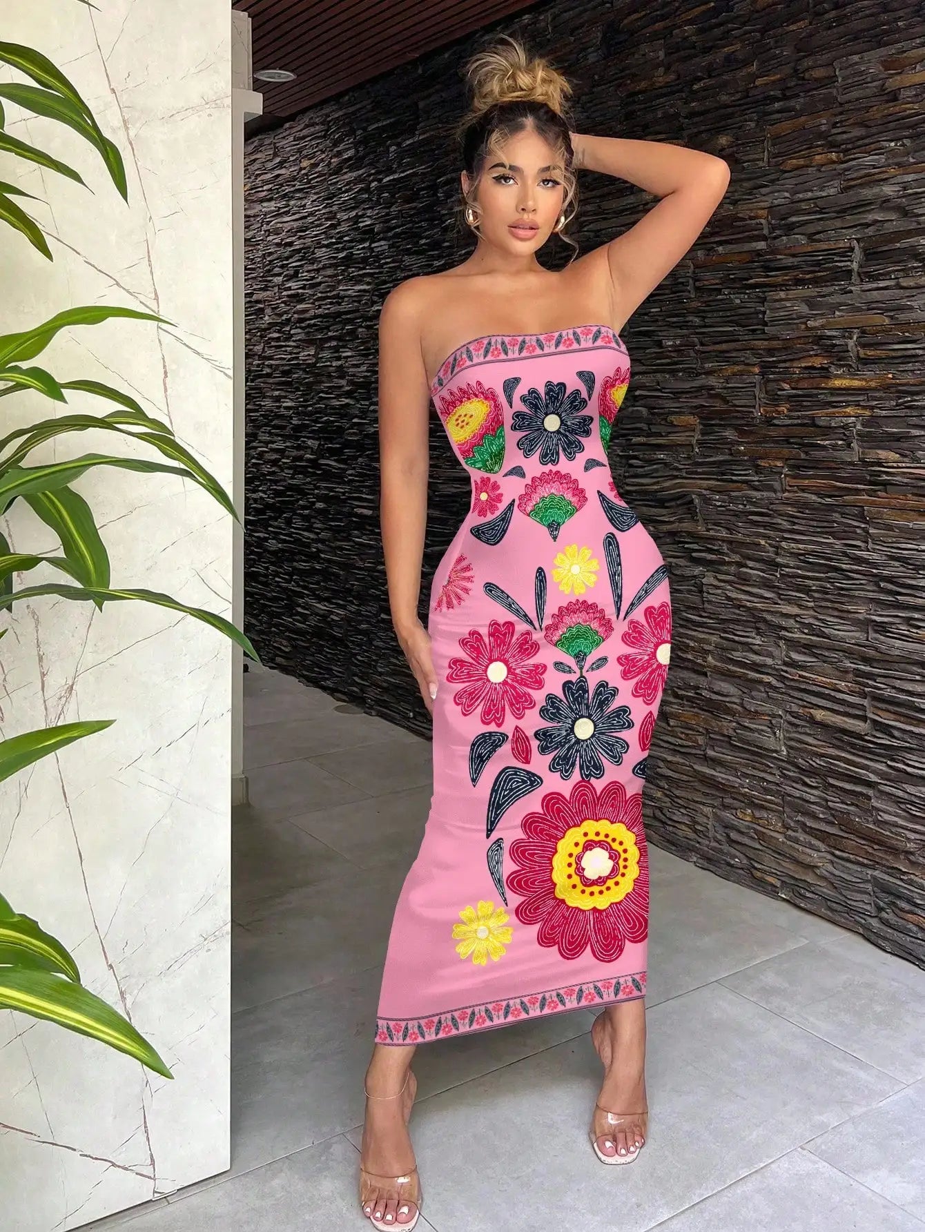 Sexy Retro Bohemian Green Tropical Print Strapless Bodycon Midi Dress For Vacation Beach Resort