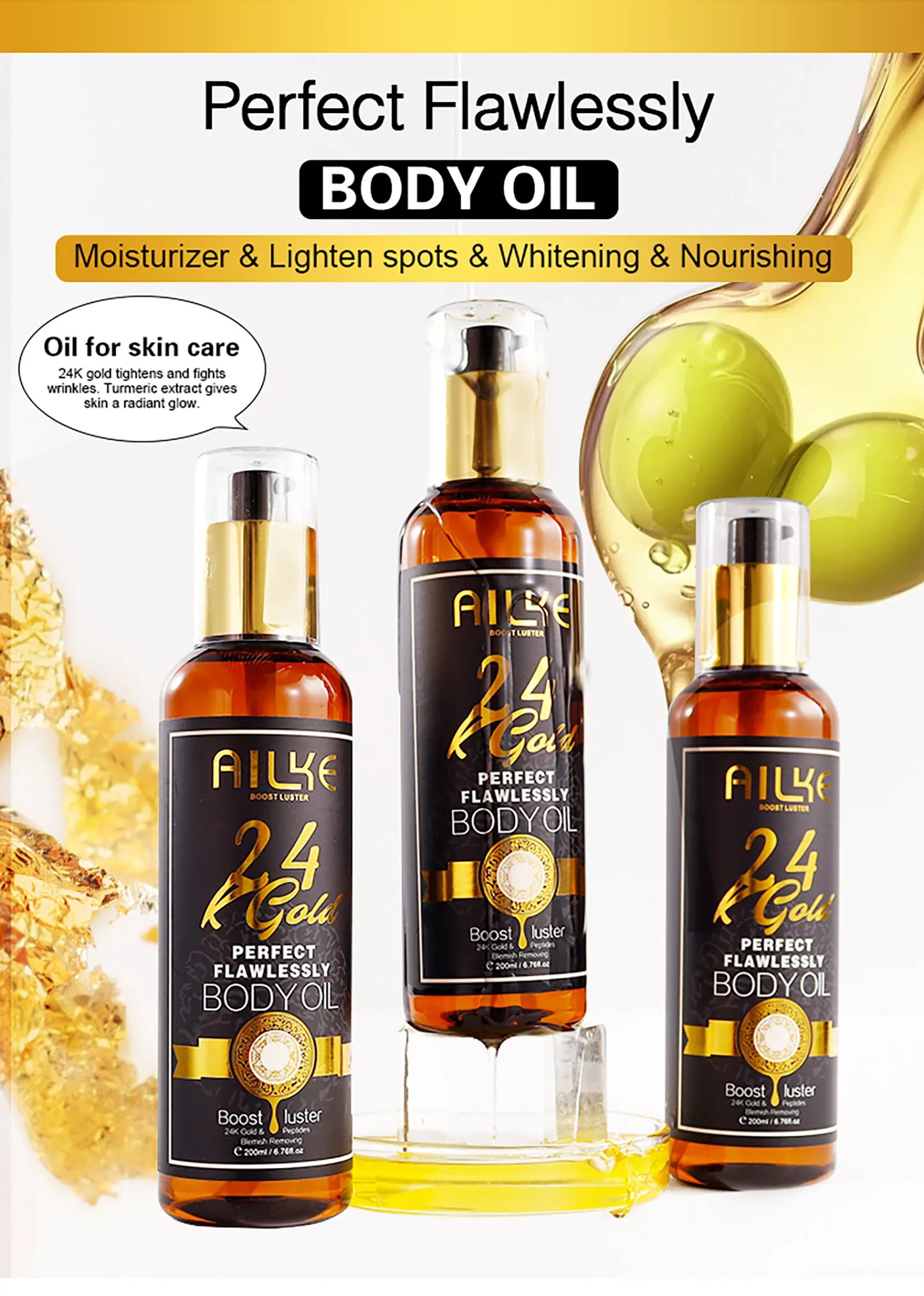 AILKE 24K Glod Flawlessly Skin Care Range, Skin Whitener, Reduce Dark Spots, Melanin, Wrinkles, Moisturize, For Women & Men