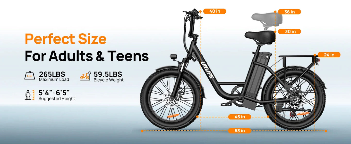 URLIFE 1000W E20 Electric Bike | 48V 13Ah Removable Battery, 20MPH, 20''X3" Fat Tire, 7-Speed E-Bike with Dual Disc Brake