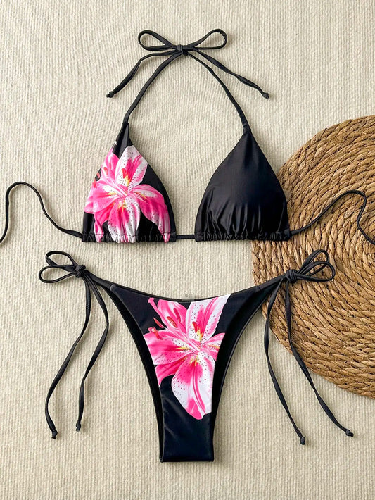 Women's Floral Print Bikini Set with Tie-Up Triangle Top & Side-Tie Bottom, Summer Beachwear