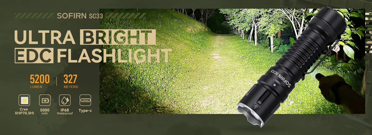 SOFIRN SC33 LED Tactical Flashlight XHP70.3 HI  5200lm Powerful 21700 Type C Rechargeable Torch E-switch Outdoor Light