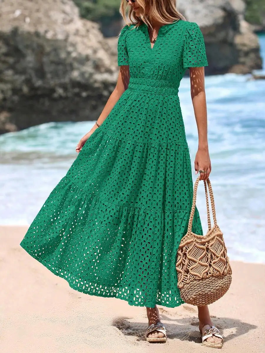 Women's Blue Eyelet Maxi Dress with V-Neck, Short Sleeves, A-Line Flowy Skirt