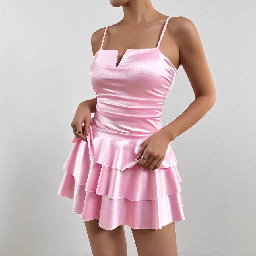 【New style】2026 dress, new fashionable tube top V-neck, solid color sexy short dress, pleated dress, women's dress,