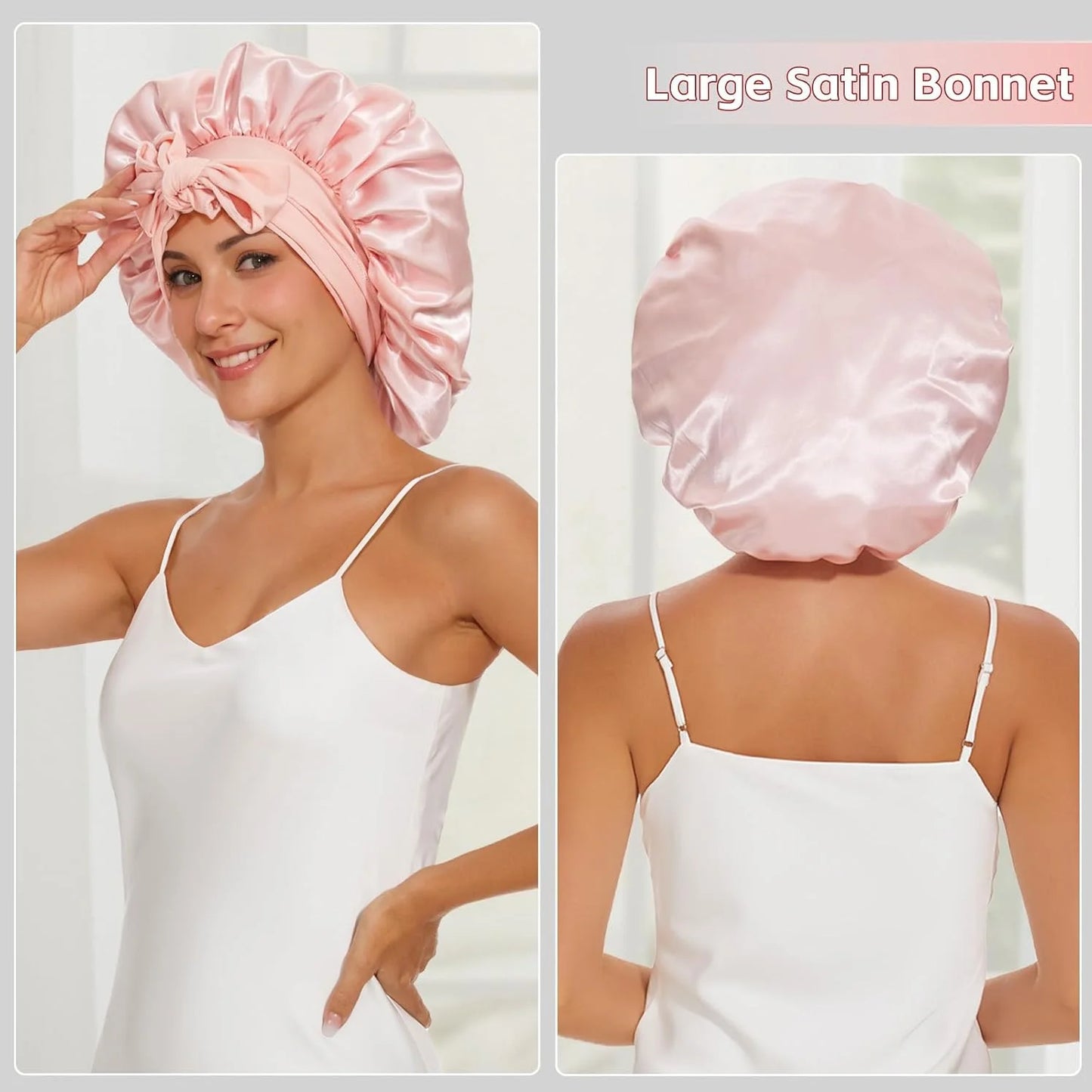 2PCS Satin Bonnets With Tie Band (Pink+Black), Sleeping Cap For Women, Soft Hair Care Night Sleep Hats, Multi-Use Hair Bonnets F