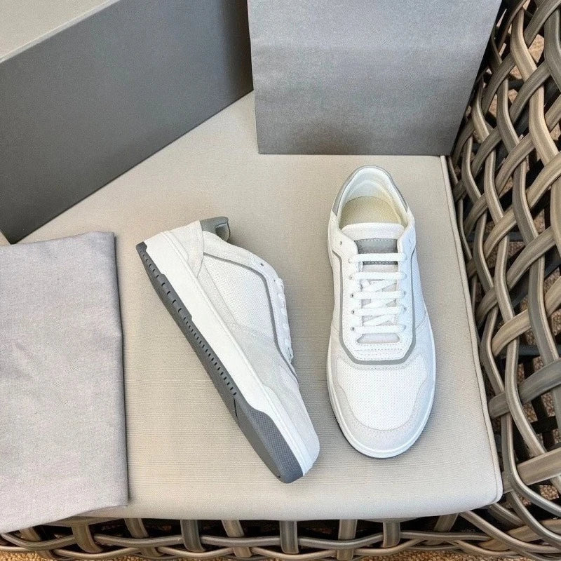 2025 New Luxury Men's Low Top Sneakers Leather Patchwork Minimalist Round Toe Casual Versatile Best Seller Footwear