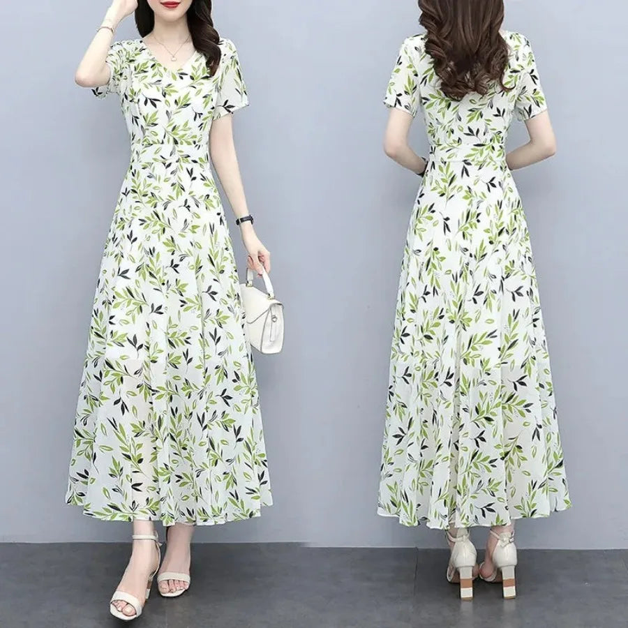 【New style】Summer clothes, new style, medium and long, above the knee, large floral fashion dress, women, waist, slimming, larg