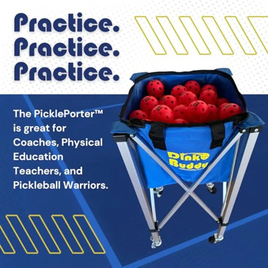 Pickleball Hopper with Wheels Portable Ball Caddy Pickleball Basket Holds 110 Balls Durable Polyester Red Lightweight Easy to T
