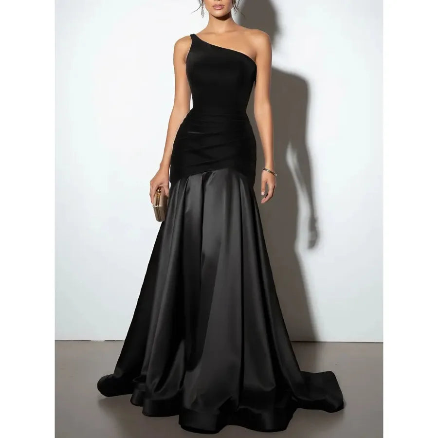 Women's Luxurious -Neck Off-Shoulder Evening Gown - Bodycon A-Line Dress with Rhinestone Side Split Hem Machine Washable Suitab