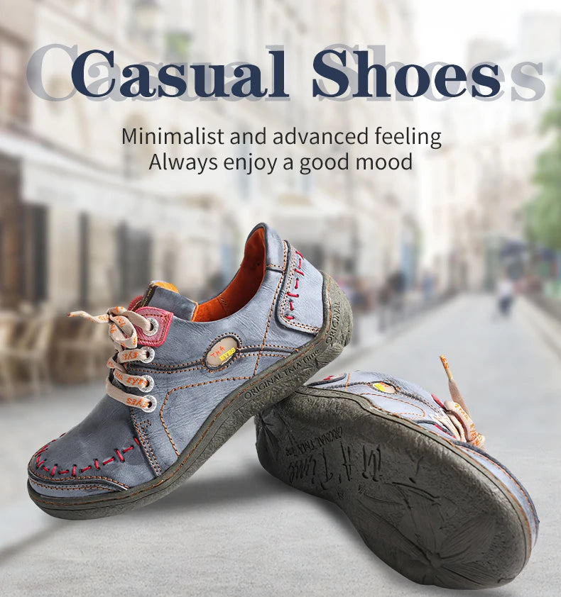 TMA EYES Women's Hand-Stitched Leather Sneakers Lightweight Flat Design Shoes Comfortable Breathable Upper Leather Sole