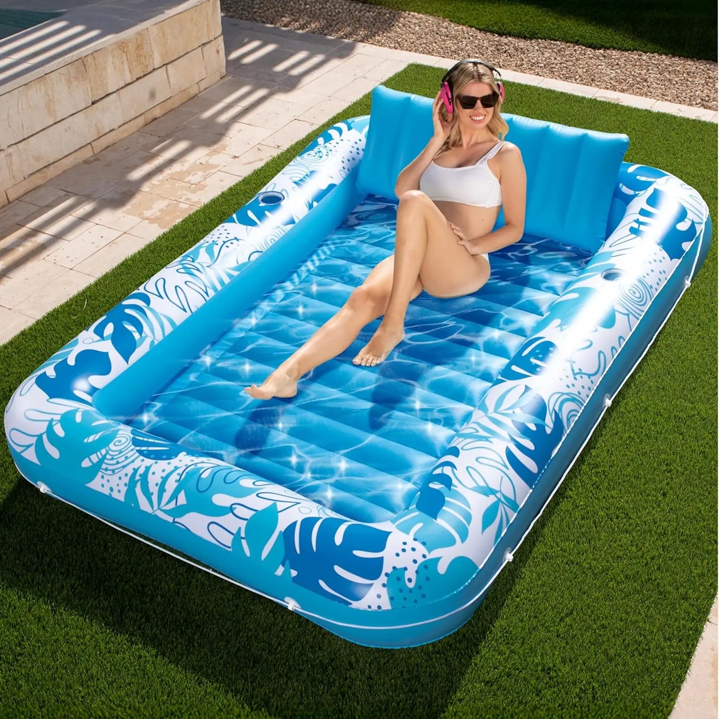 Joyfy 4 in 1 Suntan Tub Raft Floatie Inflatable Tanning Pool Lounger Float Sunbathing Bed Lounge for Water Summer Party Gifts