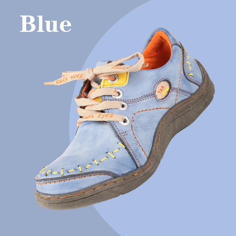 TMA EYES Women's Hand-Stitched Leather Sneakers Lightweight Flat Design Shoes Comfortable Breathable Upper Leather Sole