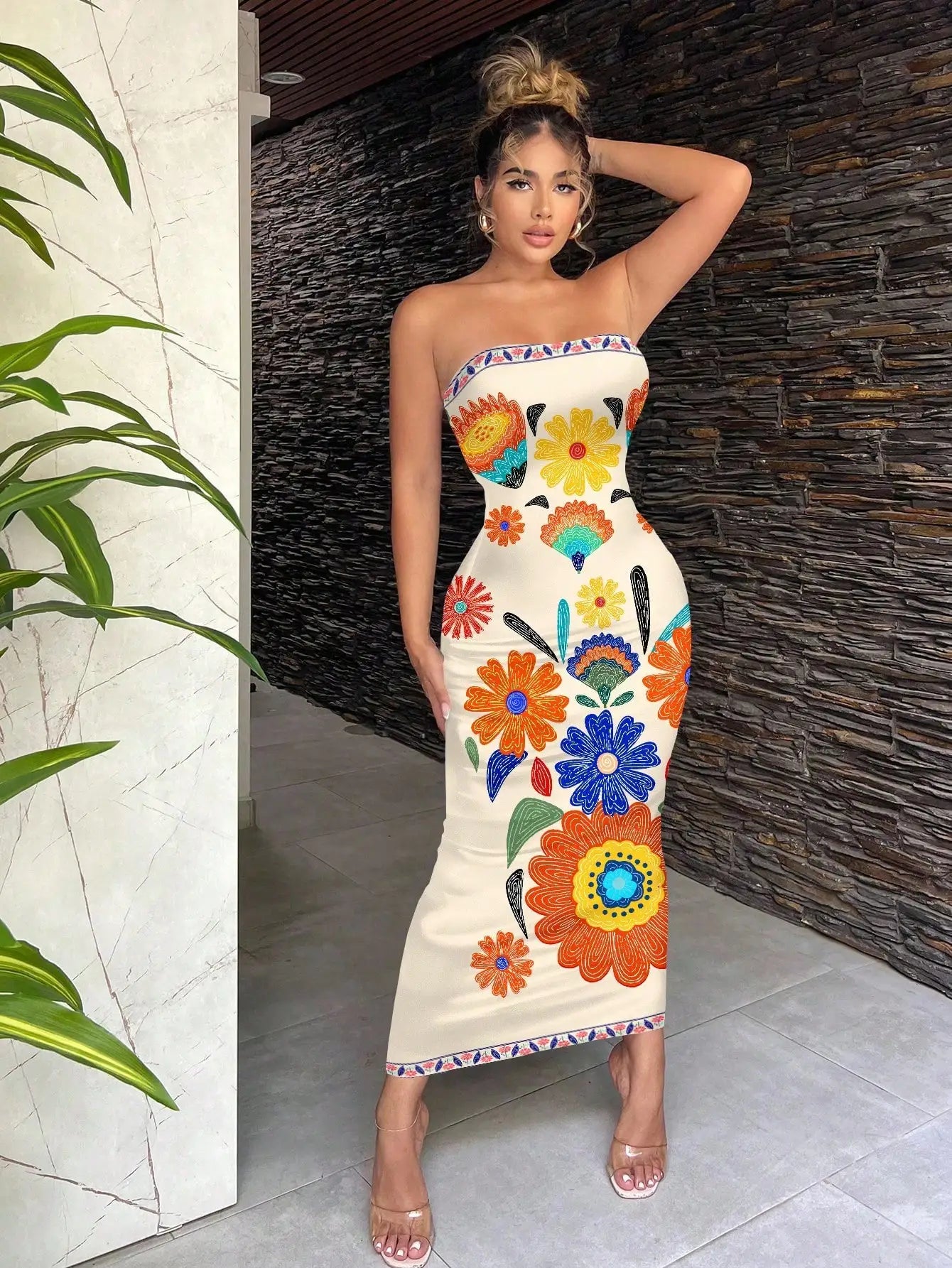 Sexy Retro Bohemian Green Tropical Print Strapless Bodycon Midi Dress For Vacation Beach Resort