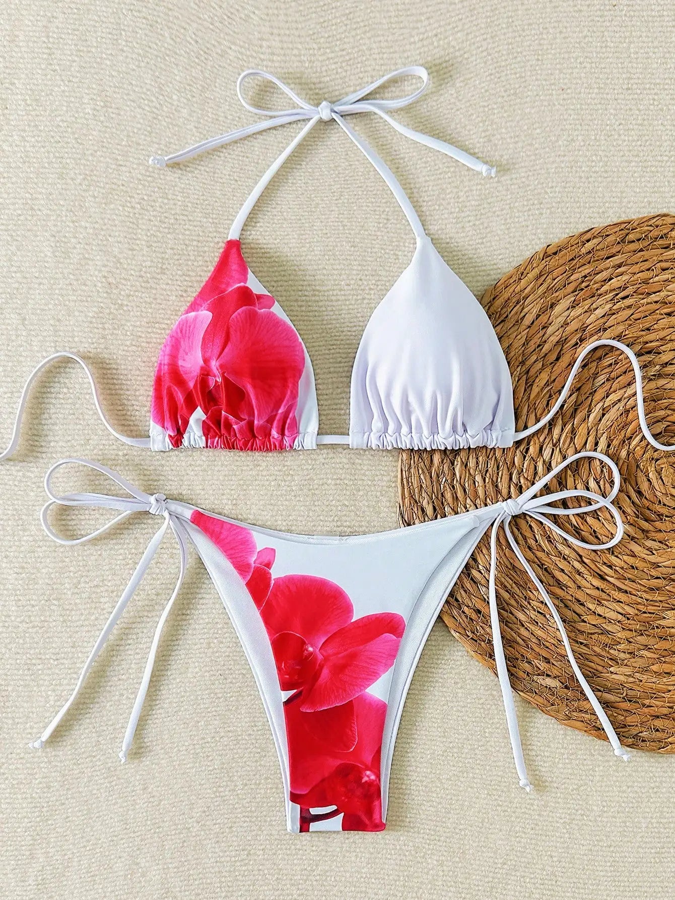 Women's Floral Print Bikini Set with Tie-Up Triangle Top & Side-Tie Bottom, Summer Beachwear
