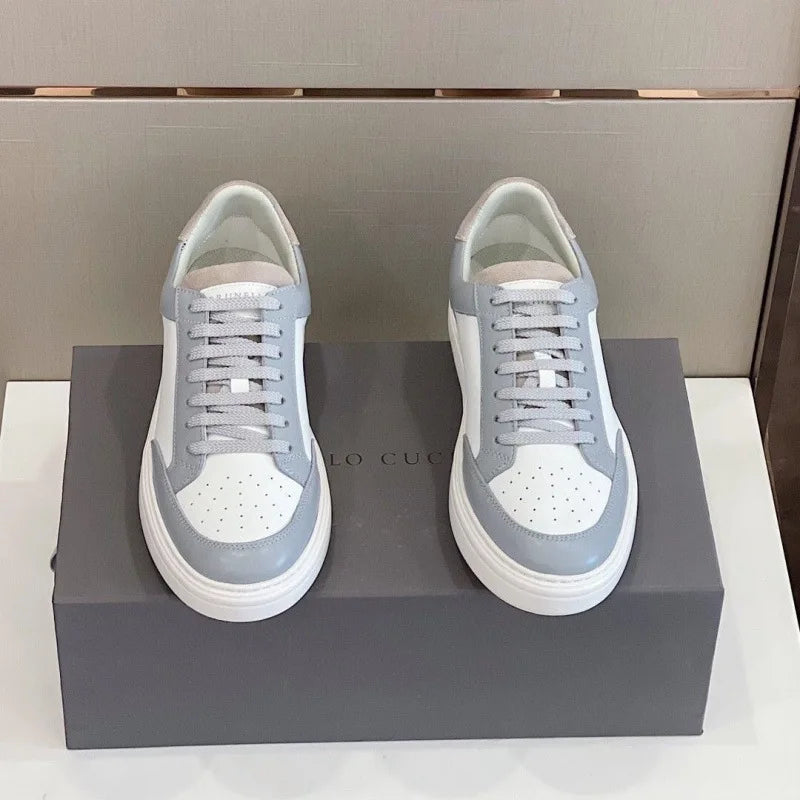 2025 New Luxury Men's Low Top Sneakers Leather Patchwork Minimalist Round Toe Casual Versatile Best Seller Footwear