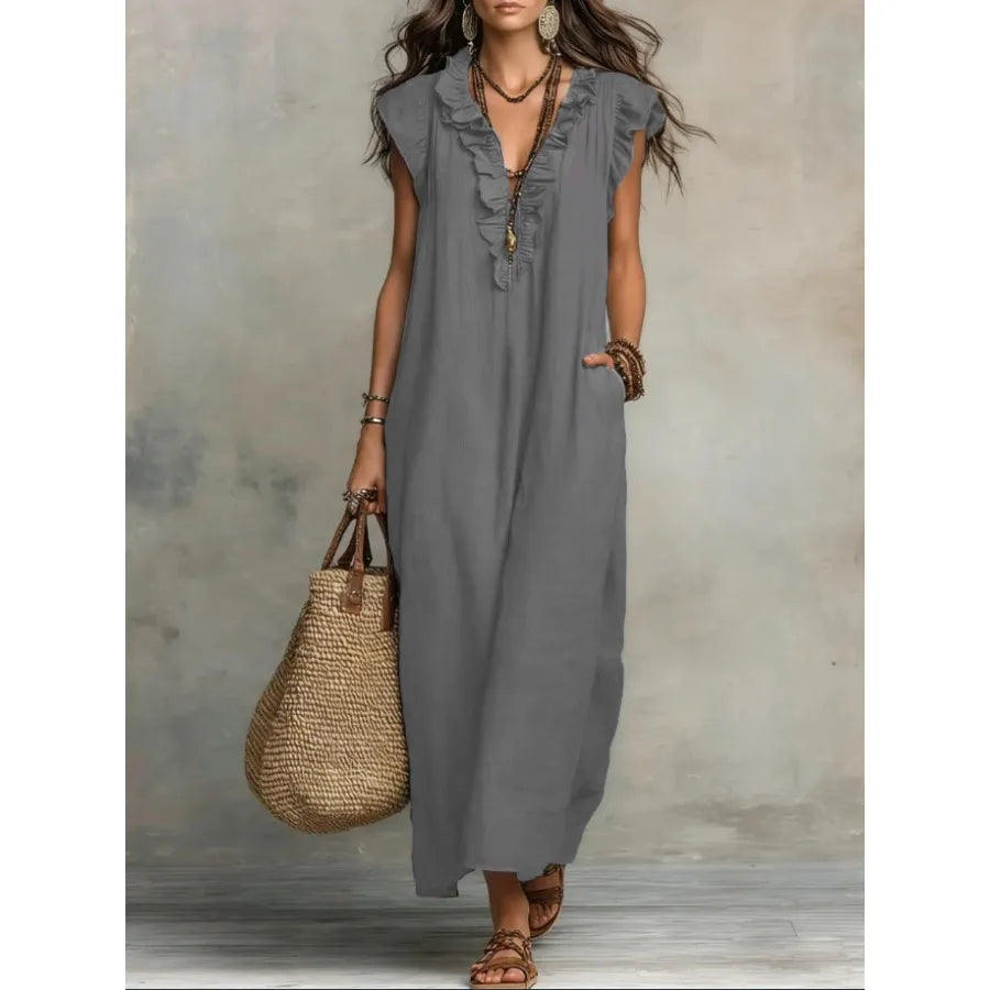 European and American solid color sleeveless v-neck holiday dress women's - 2026 spring and summer pocket ruffled temperament d