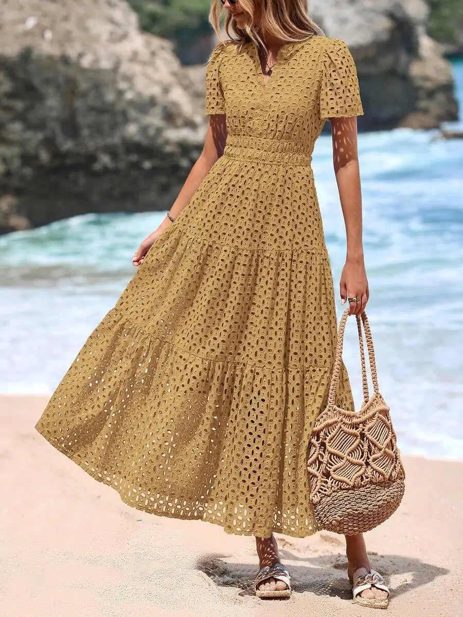 Women's Blue Eyelet Maxi Dress with V-Neck, Short Sleeves, A-Line Flowy Skirt