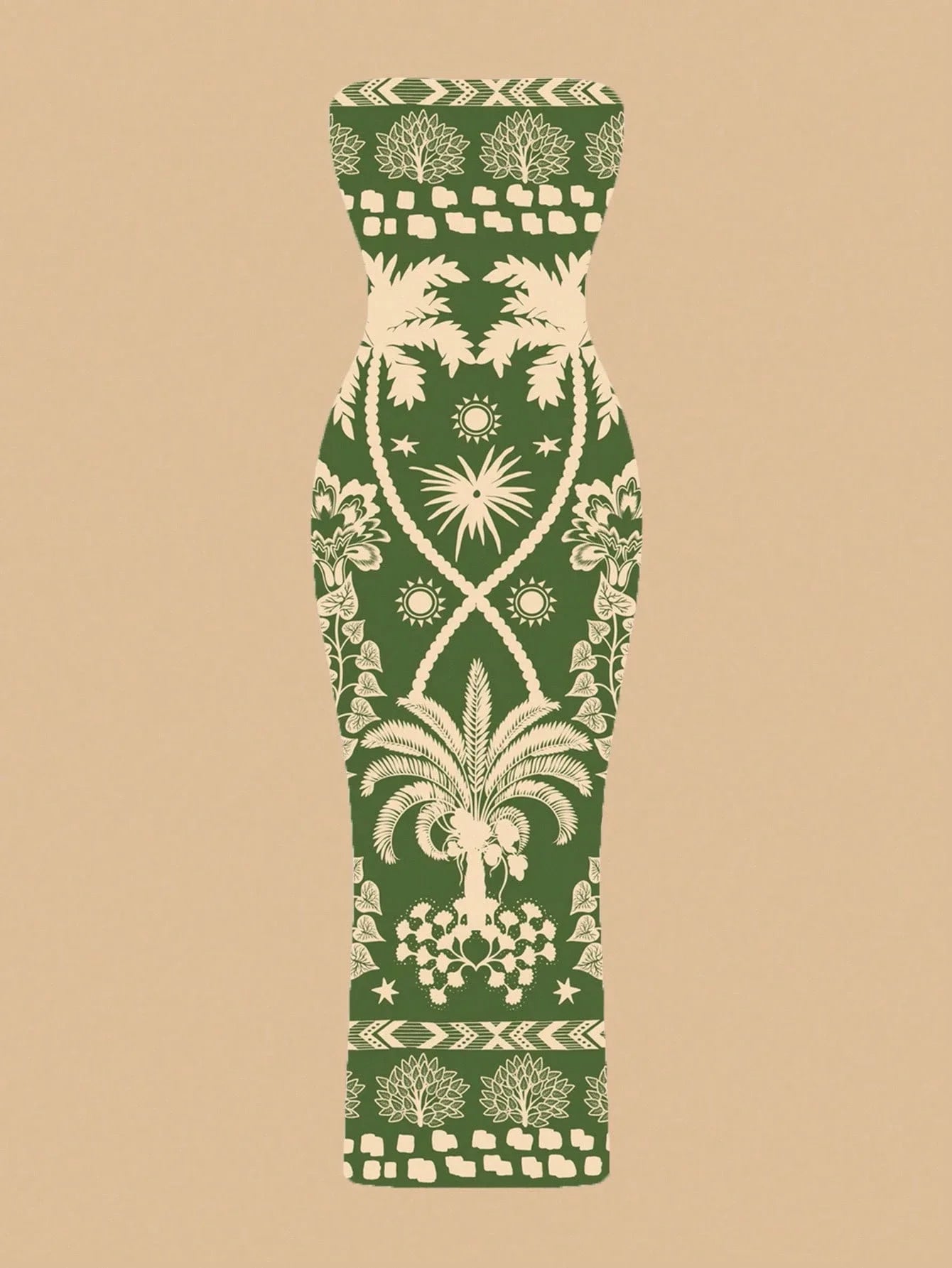 Sexy Retro Bohemian Green Tropical Print Strapless Bodycon Midi Dress For Vacation Beach Resort