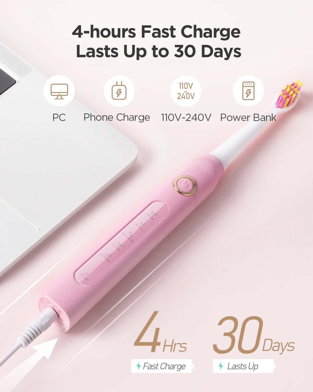 Fairywill FW-507 Sonic Electric Toothbrush 5 Modes USB Charger Tooth Brushes Replacement Timer Sonic Toothbrush 8 Brush Heads