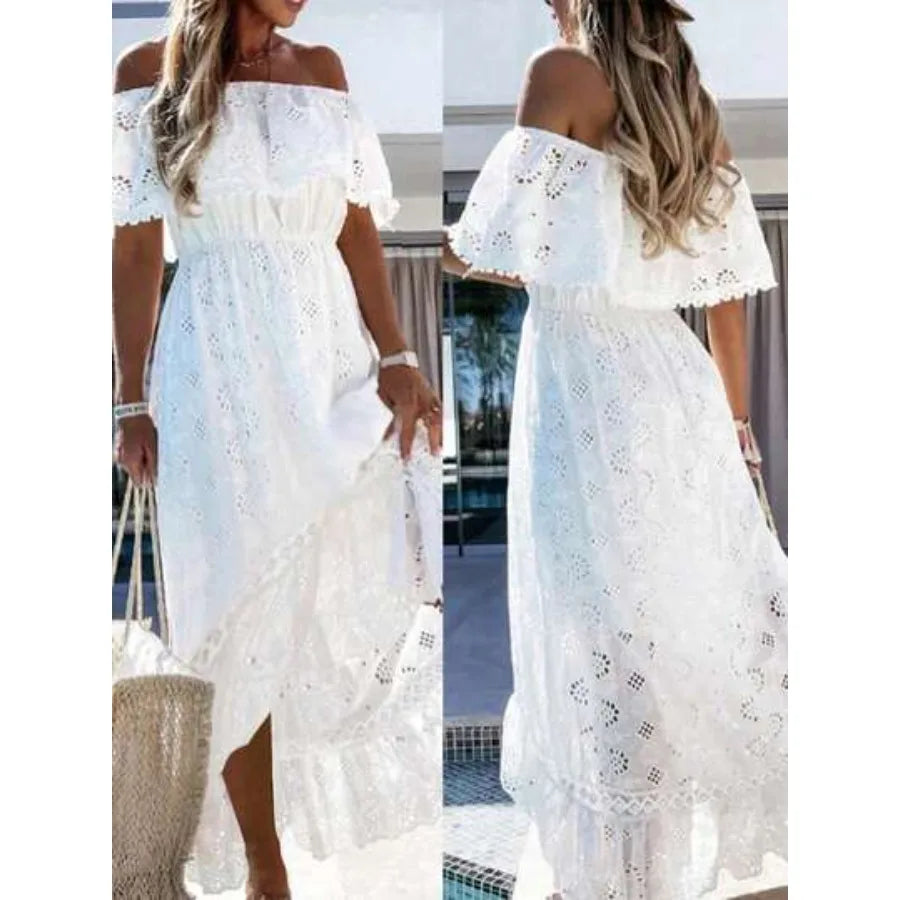 【New style】Summer Dress White Eyelet Embroidery Off Shoulder Waist Flowy Maxi Dress Fresh Vacation Style