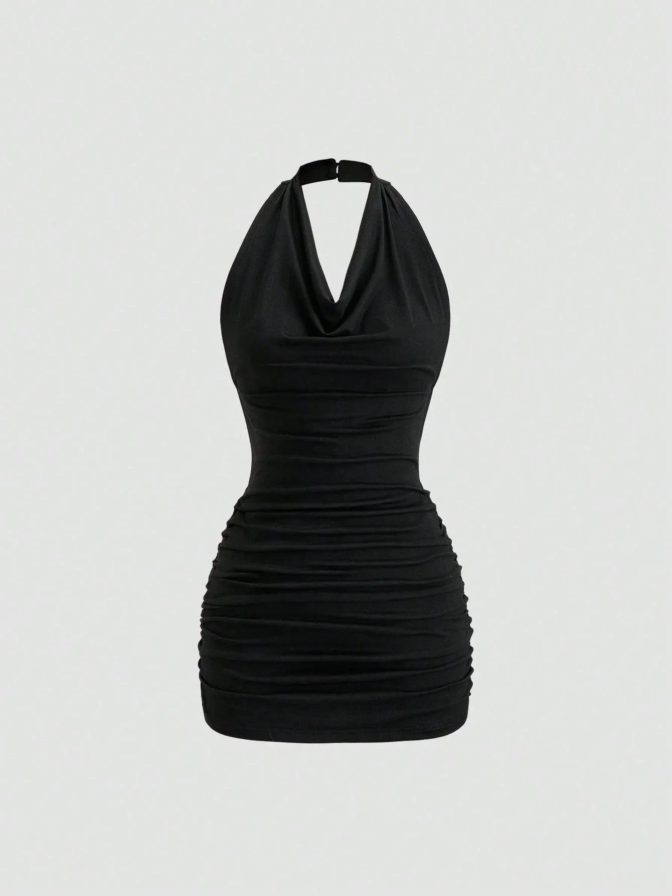 Black Plunging Neck Halter Tie Back Sleeveless Bodycon Mini Dress
